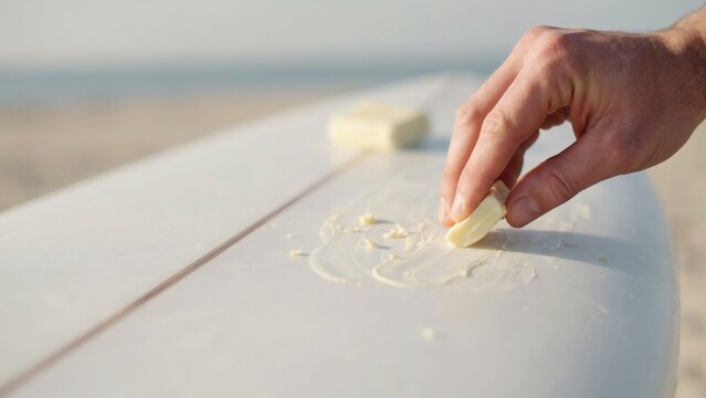 Hand applying sunscreen on a white surfboard at the beach with ocean in background