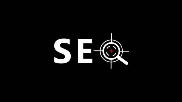 SEO Search Engine Optimization Text Icon Animation Magnifying Glass Target Crosshair Symbol Loop Isolated black Background Motion Graphic