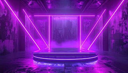 Round neon stage with beams in violet room