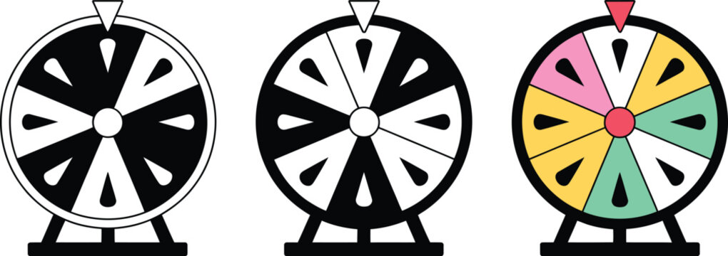 Lucky wheel prize draw icon set featuring spin winner, random selection, reward, giveaway, raffle, contest, and interactive gaming vector symbols