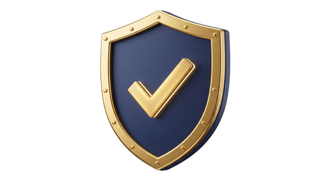 A secure golden shield with a prominent checkmark on deep blue background, representing safety, quality assurance, and protection success.