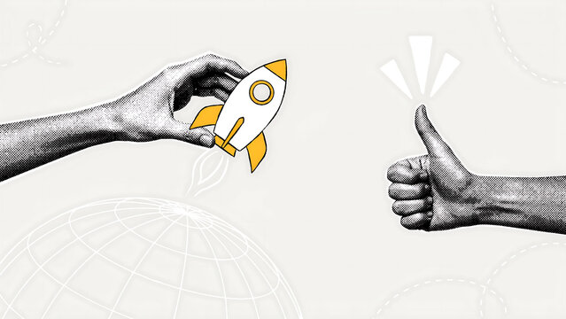 Graphic illustration of rocket launch and thumbs up representing project success