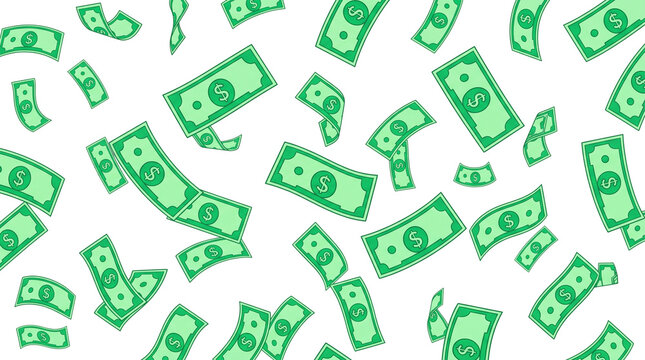 Falling green dollar bills cash rain pattern background depicting wealth success and financial prosperity isolated on transparent layer for digital overlay effects.