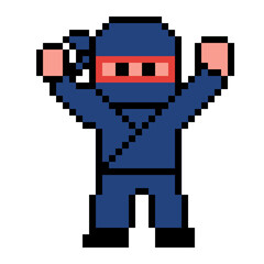 Fototapeta premium Retro Pixel Art Character Blue Ninja Warrior Cheering or Surrendering Gesture
