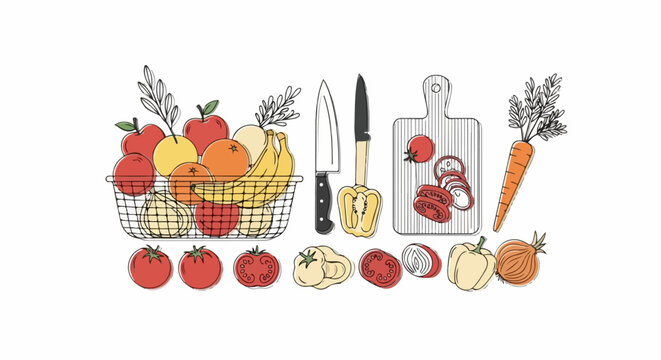 Fresh fruits and vegetables on table.