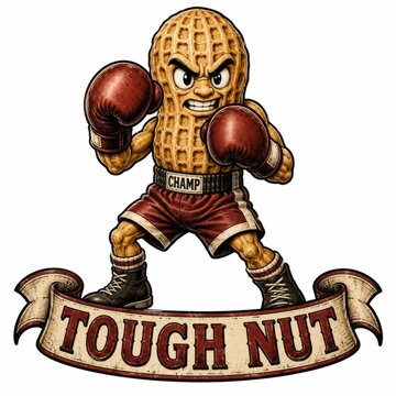 Aggressive cartoon walnut boxer in fighting stance. Animated nut character with boxing gloves ready for tough competition.