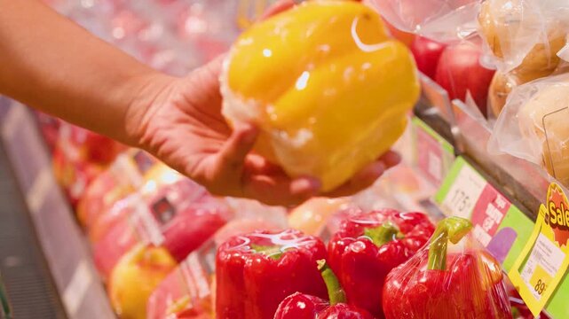 Customer Hand Selecting Yellow Bell Pepper in Supermarket Produce Aisle