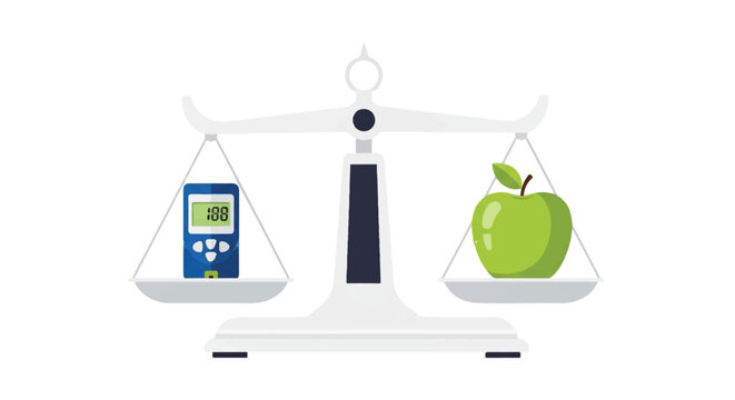 Subject: A scale balancing a blood sugar meter on one side and a fresh apple on the other side. Lighting: Balanced and bright. Mood: Harmony and control. Colors: White, Green, Blue, Dark Grey.