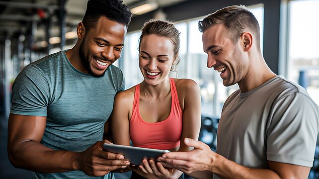 Happy friends using digital tablet together in modern fitness gym