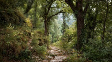 Fototapeta premium Winding forest path through lush green trees and sunlight.
