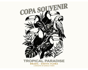 Obraz premium Tropical paradise. Copa souvenir Brazil exotic flora. Jungle vibes vintage print design for t shirt.. Brazil adventure. Exotic flora souvenir artwork