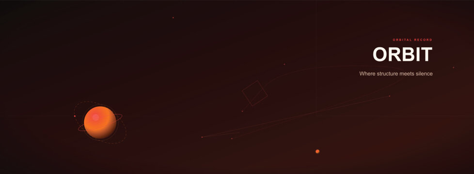Minimalist space orbit vector illustration, cinematic dark red planetary background, cosmic galaxy scene with glowing celestial bodies