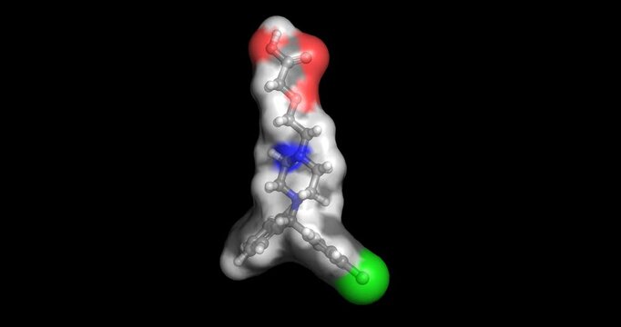 Cetirizine, second-generation H1 histamine receptor antagonist for allergy relief, 3D molecule spinning, 4K