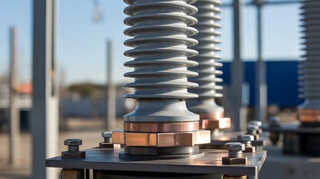 Voltage electrical insulator stack with copper connectors at a power substation facility for energy distribution and industrial infrastructure grid