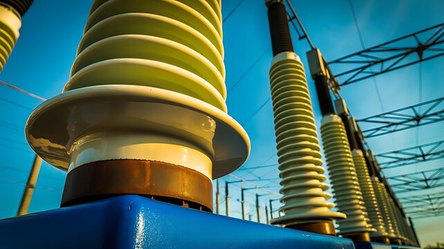 Voltage electrical insulators on power transmission towers against a clear blue sky for industrial energy and power infrastructure concepts