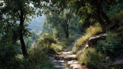 Obraz premium A scenic hiking trail winds through a lush, sunlit forest filled with vibrant green trees and foliage.