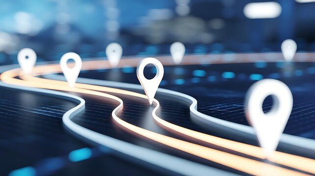 Winding digital navigation path with glowing location pins on a dark grid background, for logistics and, global supply chain, management concepts