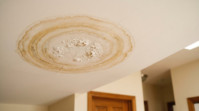 Stained water damage circular mark on white ceiling plaster signs of leaking roof or plumbing issue maintenance renovation building moisture construction interior residential