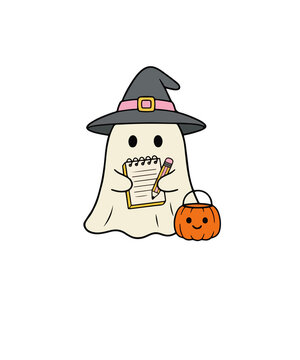 Cute Halloween ghost wearing witch hat writing on notepad, adorable spooky character with pumpkin bucket, kawaii ghost illustration on white background