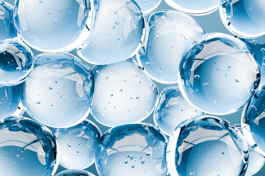 Abstract transparent blue bubbles with liquid, symbolizing hydration, skincare science, molecular research and biotechnology. Clean medical background for cosmetic and laboratory concepts.