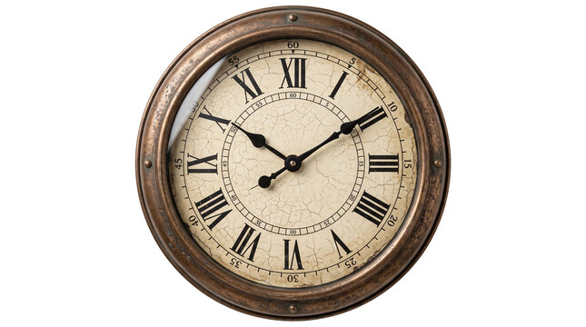 Vintage wall clock with roman numerals and ornate metal frame, showing past time, isolated on transparent background, antique style and classic design.