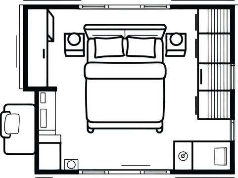 Top-down floor plan of a bedroom with bed, wardrobes, and desk area
