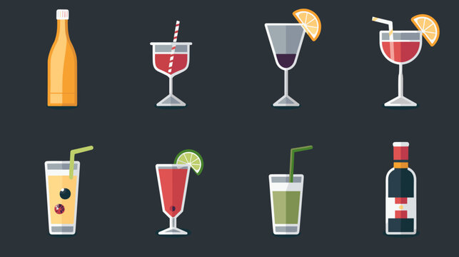 Assortment Of Colorful Cocktail Glasses And Bottles Flat Vector Icons With Garnishes On Dark Blue