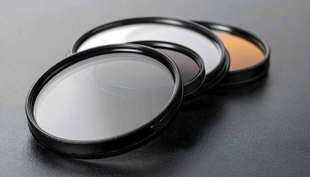 Neutral density filters stacked on dark surface providing sleek technical atmosphere for filter kit advertising generative AI