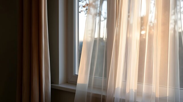 Soft morning sunlight filters through delicate white curtains casting gentle shadows on a window sill and adjacent dark fabric drapes