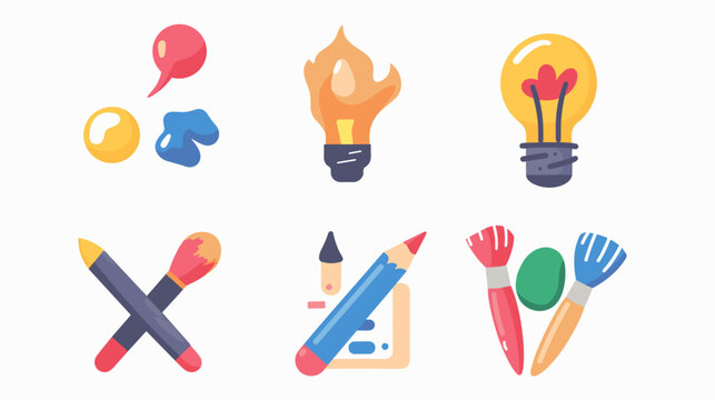 Colorful Creative Tools And Concept Lightbulb Icons Set Featuring Brushes Pencils Paint Drops And