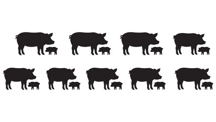 Black and White Silhouette Pig Family Set with Mother and Piglets Vector Illustration for Design, Print, and Digital Projects © Alom