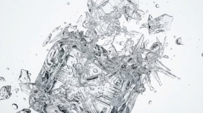 Ice crystals shattering in mid-air. Macro shot of frozen water shards exploding on white.