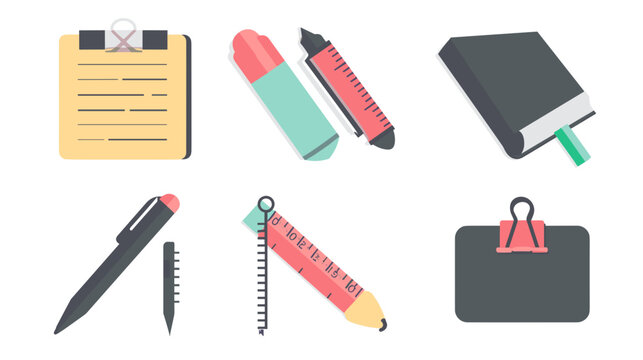 Colorful Flat Stationery And Makeup Icons Clipboard Lipstick Notebook Pen Ruler Pencil Binder Clip