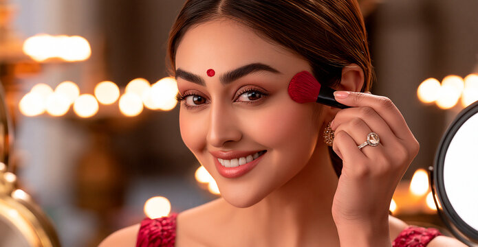 A beautiful woman with a red bindi on her forehead applies blush to her cheek with a brush. She is smiling and looking at the camera. Her makeup is done and she is wearing traditional Indian attire.