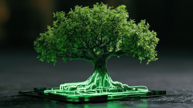 Lush green tree with glowing neon roots on circuit board