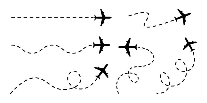 Airplane with dotted line path. Collection of flying plane with straight, curved and twisted trail. Aeroplane doodle set. Vector illustration and transparent PNG