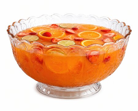 Fresh fruit punch dessert in glass bowl with citrus slices. Colorful layered gelatin salad with oranges and strawberries for party display.