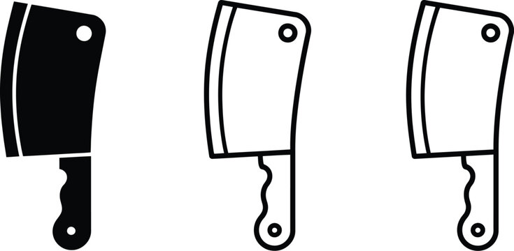 Meat cleaver knife icon set featuring silhouette, bold outline, and line art vector styles for butcher shops, kitchen tools, cooking, and food preparation