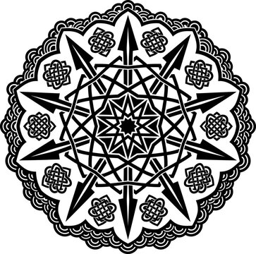 Intricate mandla design with sharp arrows and knotwork elements during a symmetrical pattern formation