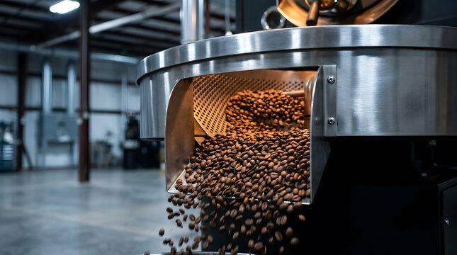 roasted coffee beans discharging from drum roaster | industrial coffee roasting process machine | fresh specialty coffee beans after roasting | coffee production equipment in warehouse facility