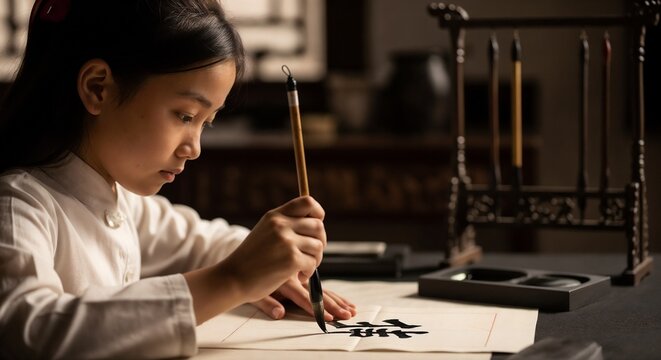 Young girl practicing calligraphy with brush on paper in traditional setting, focused on creating art. Calligraphy practice showcases dedication and skill development,