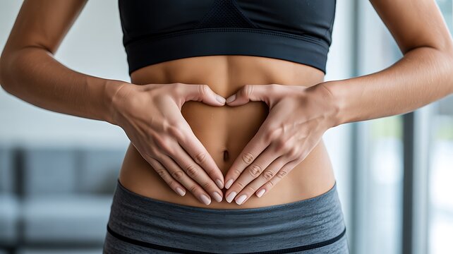 Healthy woman forming heart shape on abdomen representing gut health and digestive wellness