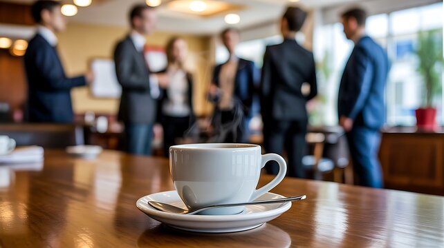 Coffee cup on table with business professionals networking during corporate meeting
