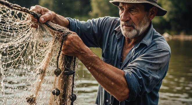 Man fishing net in river, elderly person pulling wet catch. Experienced man fishing demonstrates casting technique, showing dedication. Authentic man fishing for outdoor lifestyle,