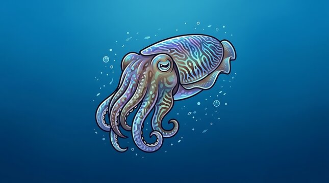 Colorful cuttlefish with iridescent patterns swimming in deep blue sea