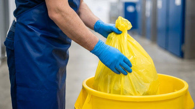 professional commercial cleaning service worker | hospital biohazard waste disposal procedure | sanitary waste management in industrial kitchen | safe disposal of clinical waste in yellow bag