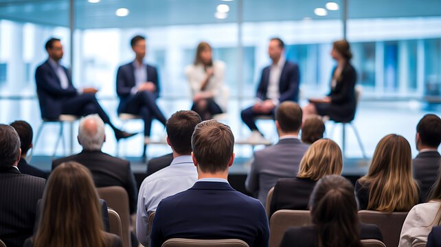  Business conference with audience listening to executive panel discussion