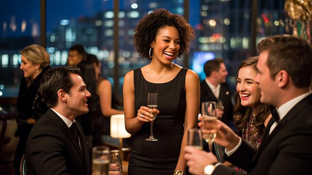  Friends celebrating together at elegant evening social gathering with drinks