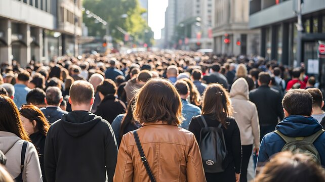Large crowd of people walking through busy urban city street