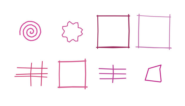 A collection of various pink hand-drawn geometric shapes and line patterns